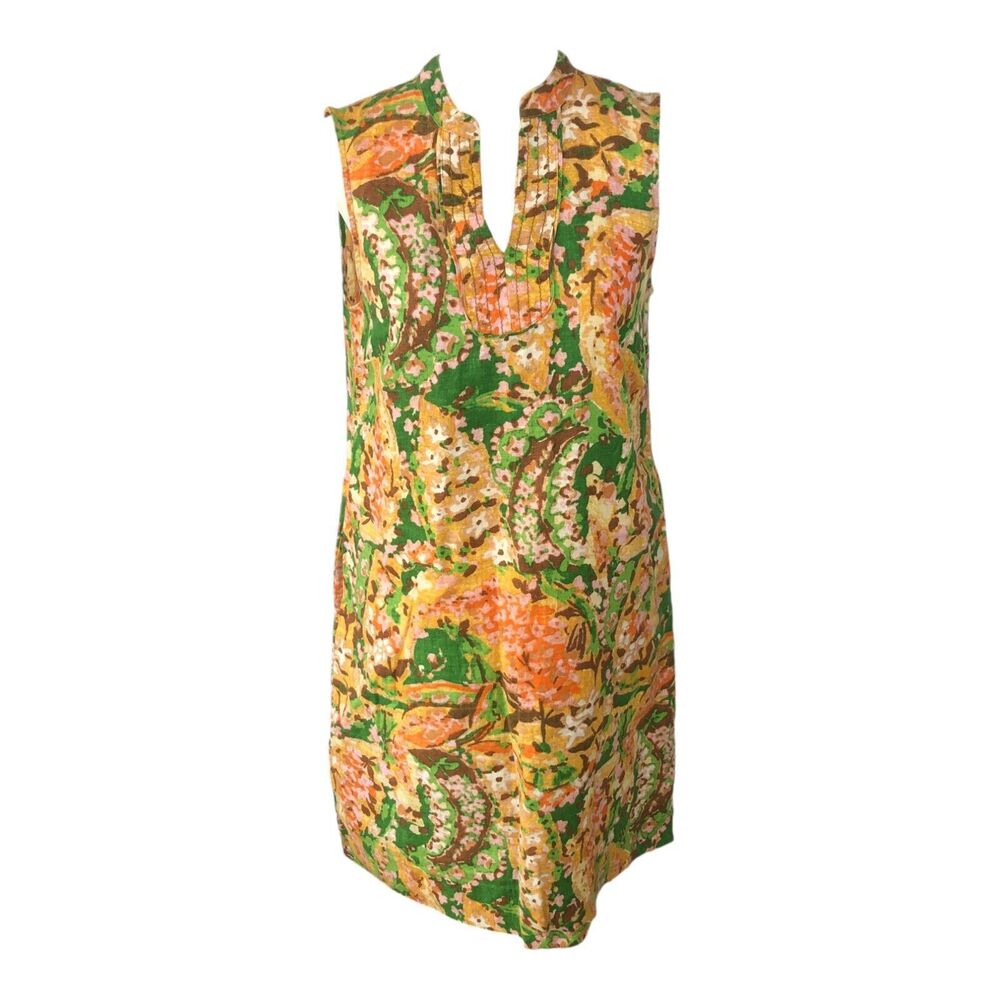 Lands' End Linen Summer Shift VNeck Floral Tunic Knee Length Dress Sz 6‎